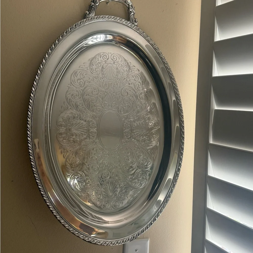 Vintage Silver Plated Oval Butler’s Tray - Ornate Etched (Handle Missing)